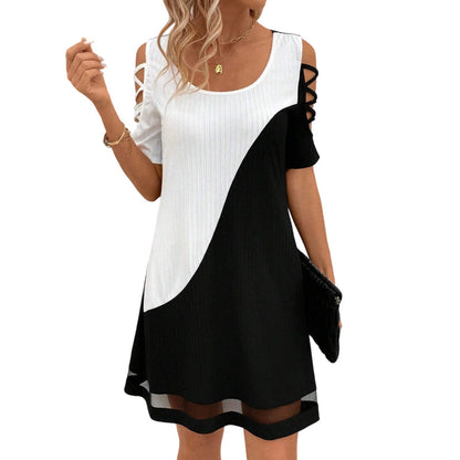 ⌛Offre à durée limitée – Robe midi à col rond pour femme, avec effet color block et ourlet en maille