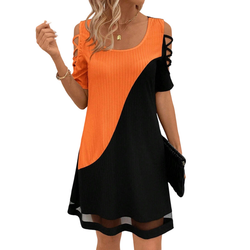 ⌛Offre à durée limitée – Robe midi à col rond pour femme, avec effet color block et ourlet en maille