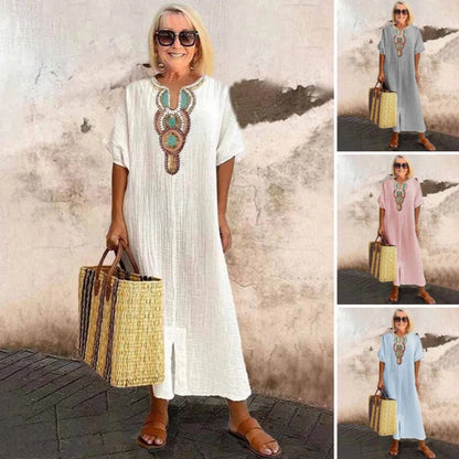 🔥-45%👗 Robe Longue Coton Froissé Femme – Col Décoratif Ethnique, Manches Courtes et Fente Latérale🤍 Robe ample texturée col brodé