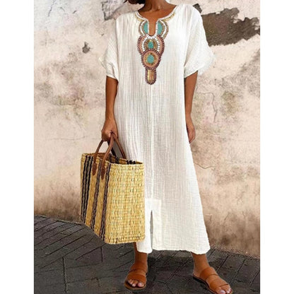 🔥-45%👗 Robe Longue Coton Froissé Femme – Col Décoratif Ethnique, Manches Courtes et Fente Latérale🤍 Robe ample texturée col brodé