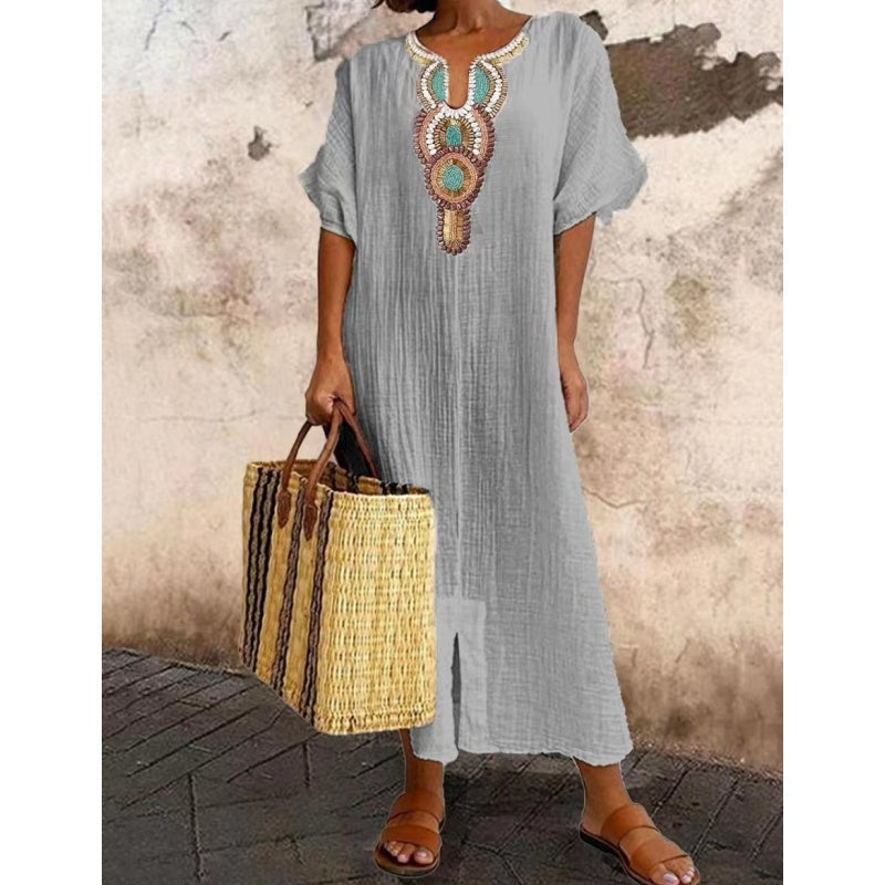 🔥-45%👗 Robe Longue Coton Froissé Femme – Col Décoratif Ethnique, Manches Courtes et Fente Latérale🤍 Robe ample texturée col brodé