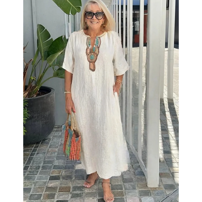 🔥-45%👗 Robe Longue Coton Froissé Femme – Col Décoratif Ethnique, Manches Courtes et Fente Latérale🤍 Robe ample texturée col brodé