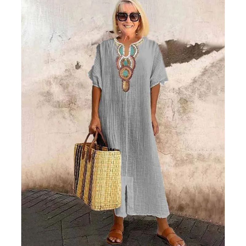 🔥-45%👗 Robe Longue Coton Froissé Femme – Col Décoratif Ethnique, Manches Courtes et Fente Latérale🤍 Robe ample texturée col brodé