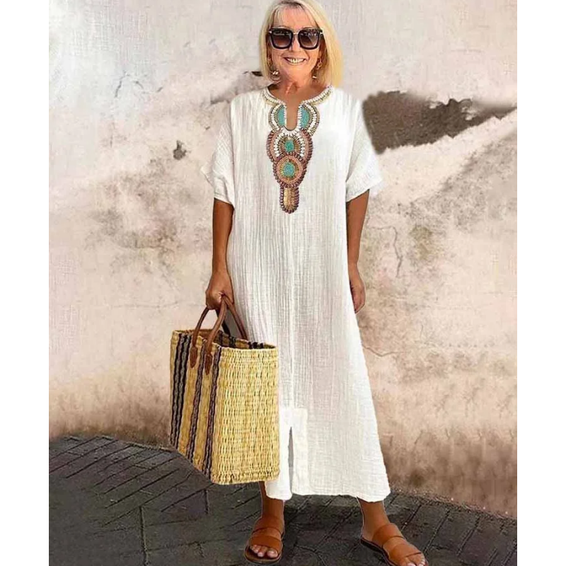 🔥-45%👗 Robe Longue Coton Froissé Femme – Col Décoratif Ethnique, Manches Courtes et Fente Latérale🤍 Robe ample texturée col brodé
