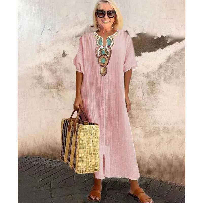 🔥-45%👗 Robe Longue Coton Froissé Femme – Col Décoratif Ethnique, Manches Courtes et Fente Latérale🤍 Robe ample texturée col brodé