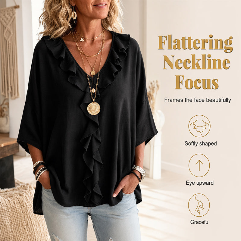 Blouse décontractée à col en V et bordure à volants pour femme