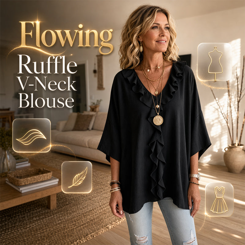 Blouse décontractée à col en V et bordure à volants pour femme