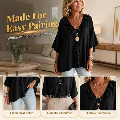 Blouse décontractée à col en V et bordure à volants pour femme