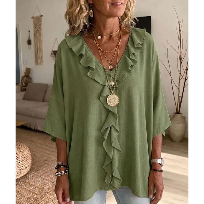 Blouse décontractée à col en V et bordure à volants pour femme