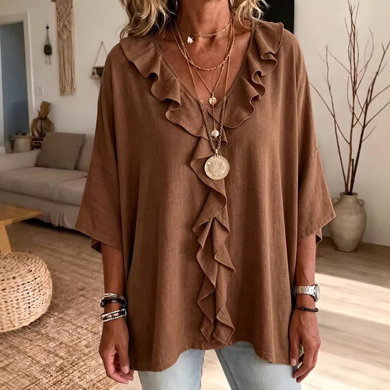 Blouse décontractée à col en V et bordure à volants pour femme