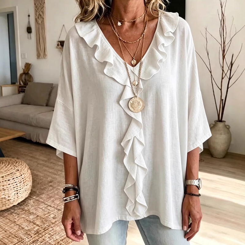 Blouse décontractée à col en V et bordure à volants pour femme