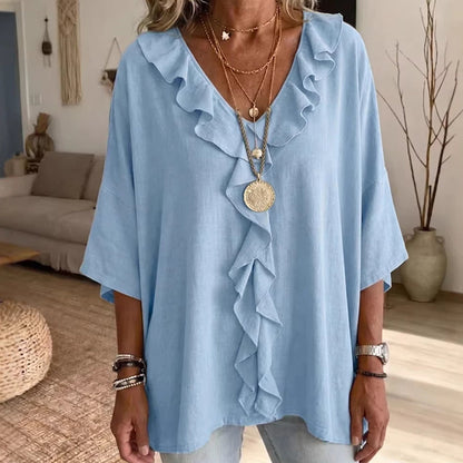 Blouse décontractée à col en V et bordure à volants pour femme