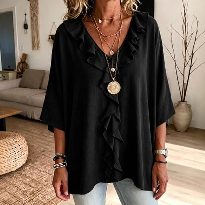 Blouse décontractée à col en V et bordure à volants pour femme