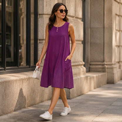 🌿Robe ample sans manches en coton et lin, avec poches