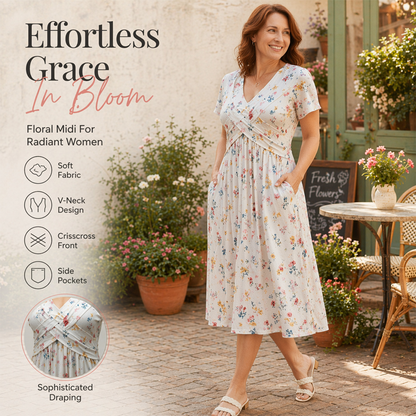 🌺👗Damenkleid mit V-Ausschnitt, Blumenmuster und gedrehter Taille