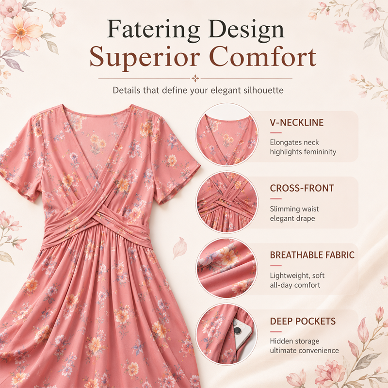 🌺👗Damenkleid mit V-Ausschnitt, Blumenmuster und gedrehter Taille