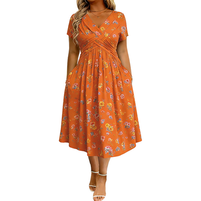 🌺👗Damenkleid mit V-Ausschnitt, Blumenmuster und gedrehter Taille