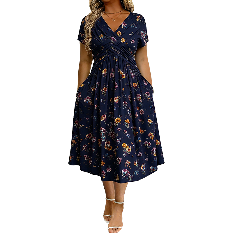 🌺👗Damenkleid mit V-Ausschnitt, Blumenmuster und gedrehter Taille