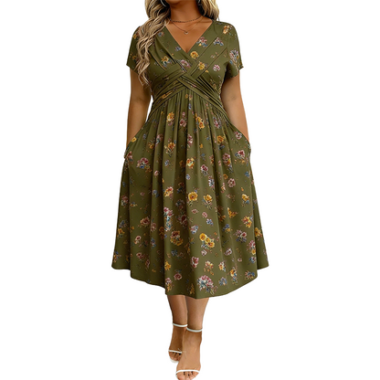 🌺👗Damenkleid mit V-Ausschnitt, Blumenmuster und gedrehter Taille