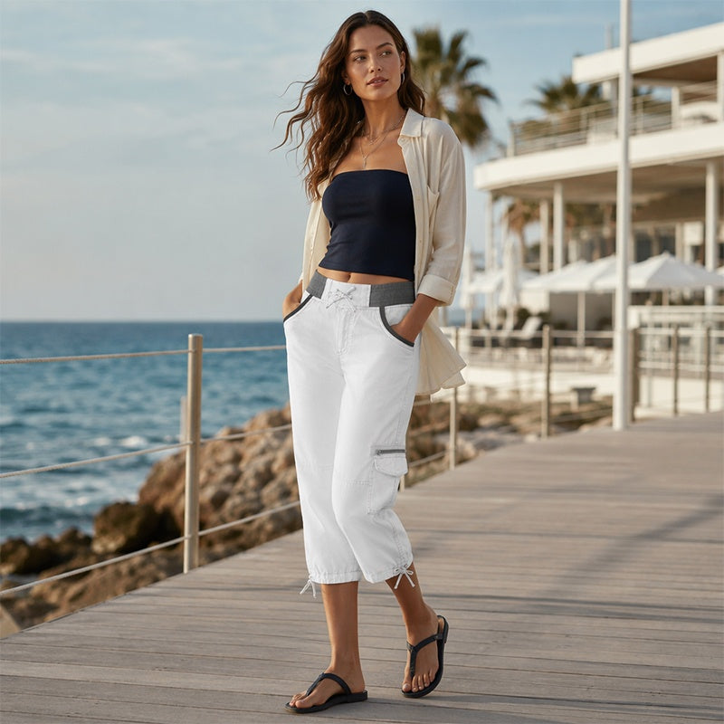 Pantalon capri cargo taille haute pour femme