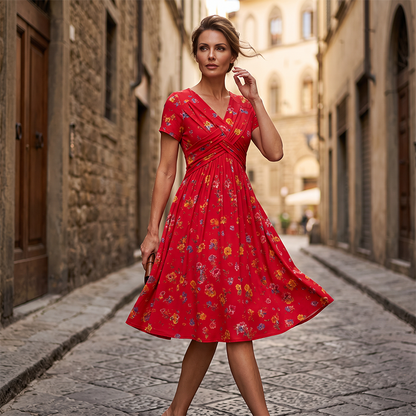 🌸 Robe fleurie à col en V avec torsion à la taille — élégante et décontractée, adaptée à toutes les occasions