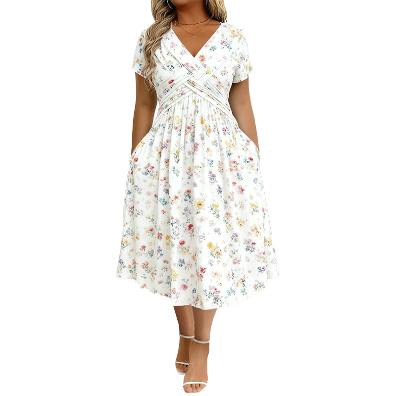 🌸 Robe fleurie à col en V avec torsion à la taille — élégante et décontractée, adaptée à toutes les occasions