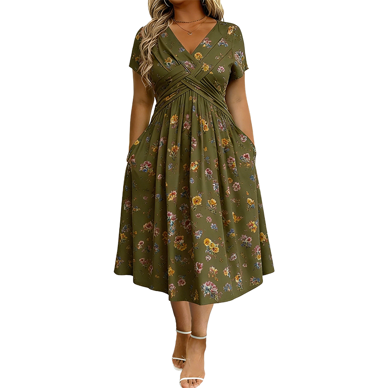 🌸 Robe fleurie à col en V avec torsion à la taille — élégante et décontractée, adaptée à toutes les occasions