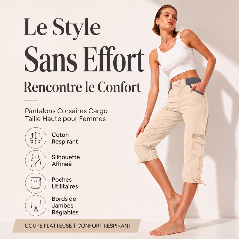 Pantalon cargo capri taille haute pour femme