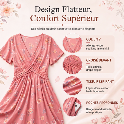 🌸 Robe fleurie à col en V avec torsion à la taille — élégante et décontractée, adaptée à toutes les occasions