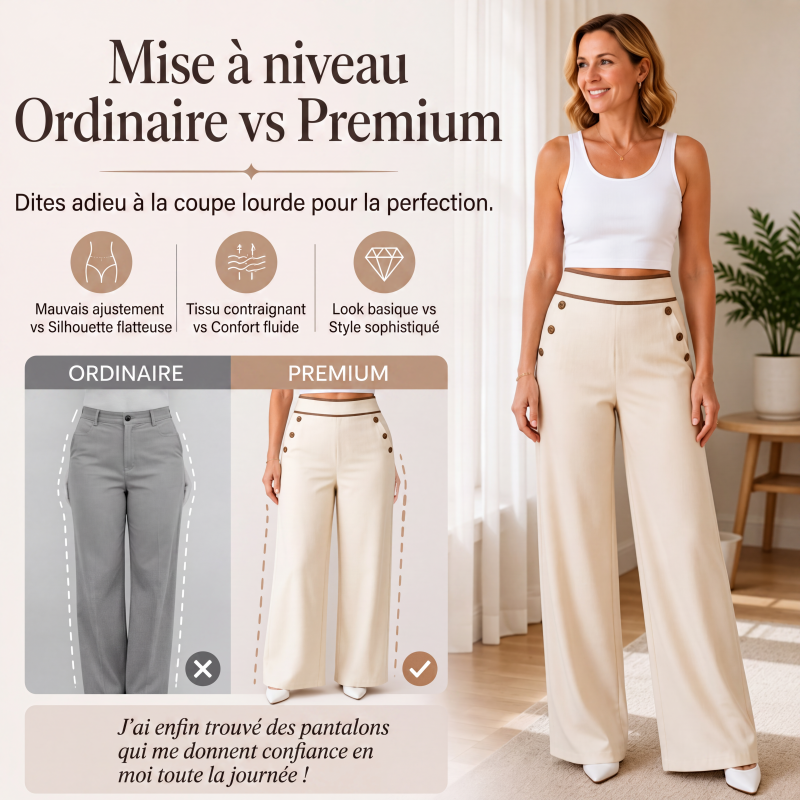 ⌛Offre à durée limitée🛍️Pantalon pour femmes à taille haute, très extensible et à jambes larges, avec passepoil de couleur contrastante