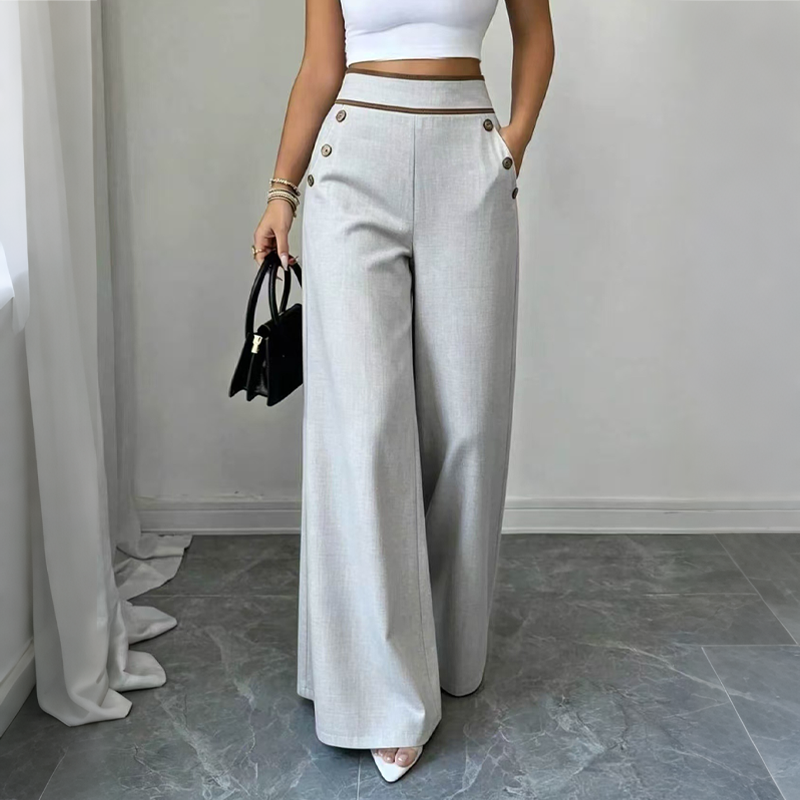 ⌛Offre à durée limitée🛍️Pantalon pour femmes à taille haute, très extensible et à jambes larges, avec passepoil de couleur contrastante