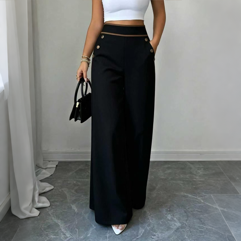 ⌛Offre à durée limitée🛍️Pantalon pour femmes à taille haute, très extensible et à jambes larges, avec passepoil de couleur contrastante