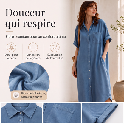 🔥‑50 % Robe longue en jean coupe décontractée boutonnée devant🤍✨ Robe‑chemise pratique avec poches, style simple et intemporel
