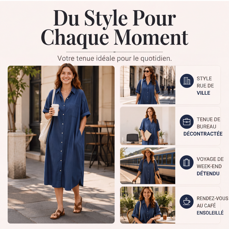 🔥‑50 % Robe longue en jean coupe décontractée boutonnée devant🤍✨ Robe‑chemise pratique avec poches, style simple et intemporel