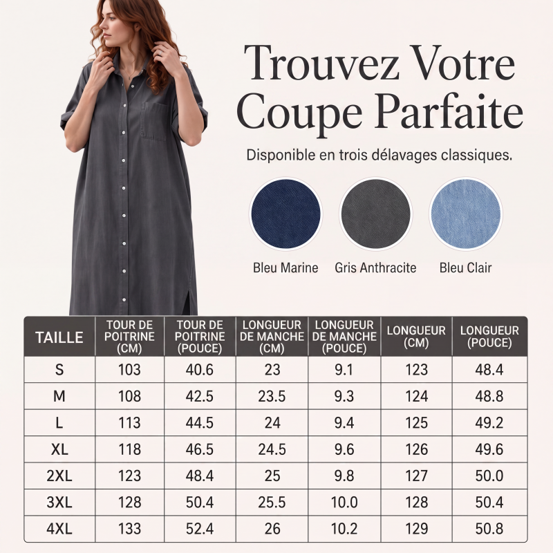 🔥‑50 % Robe longue en jean coupe décontractée boutonnée devant🤍✨ Robe‑chemise pratique avec poches, style simple et intemporel