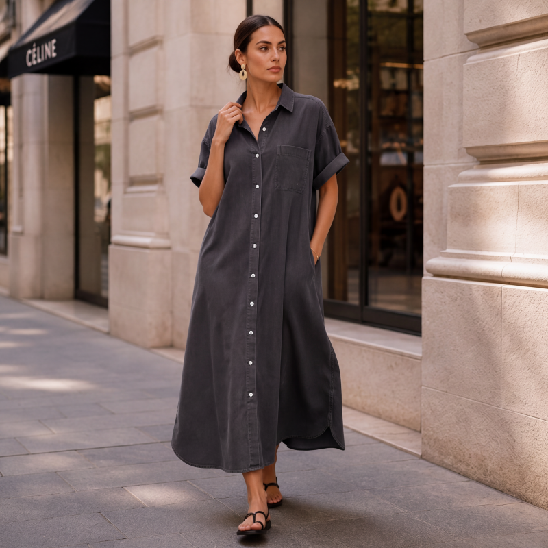 🔥‑50 % Robe longue en jean coupe décontractée boutonnée devant🤍✨ Robe‑chemise pratique avec poches, style simple et intemporel