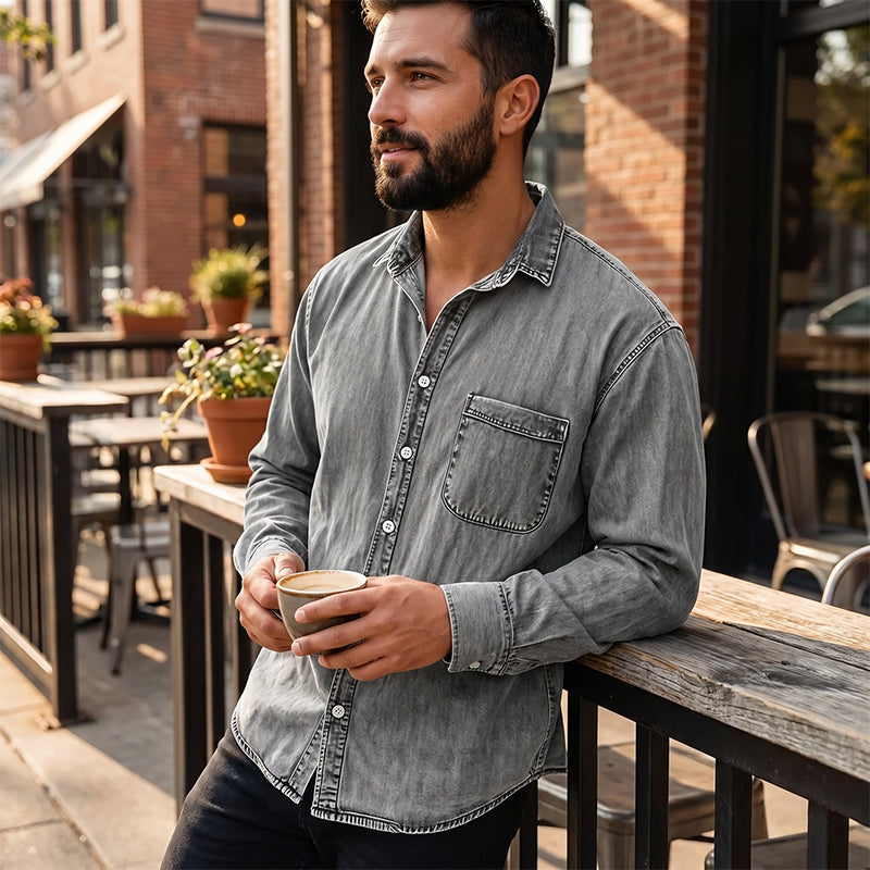 💙 Style Denim Intemporel | Chemise Homme Délavée Coupe Décontractée
