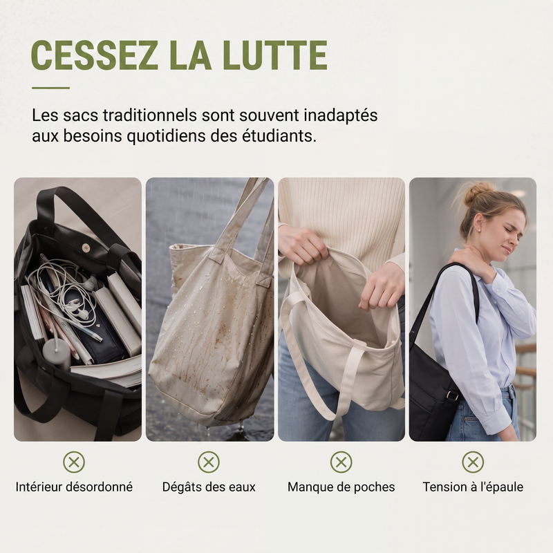 Sac fourre-tout en toile à grande capacité avec plusieurs poches