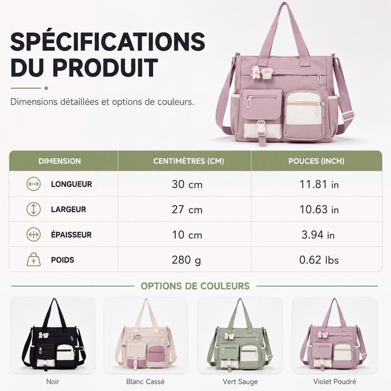 Sac fourre-tout en toile à grande capacité avec plusieurs poches