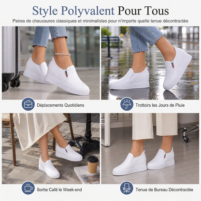 Chaussures à enfiler en cuir souple pour femmes, à semelle plate antidérapante avec rehausse invisible