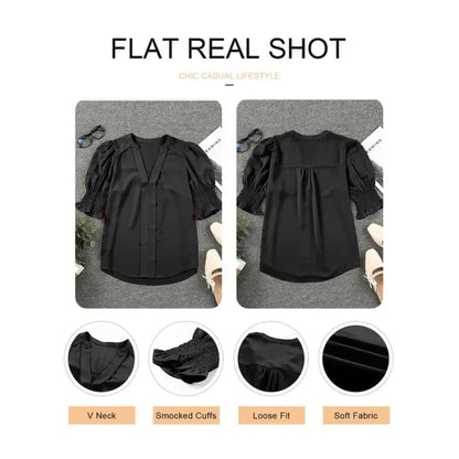 Blouse élégante à col en V avec manches bouffantes pour femme